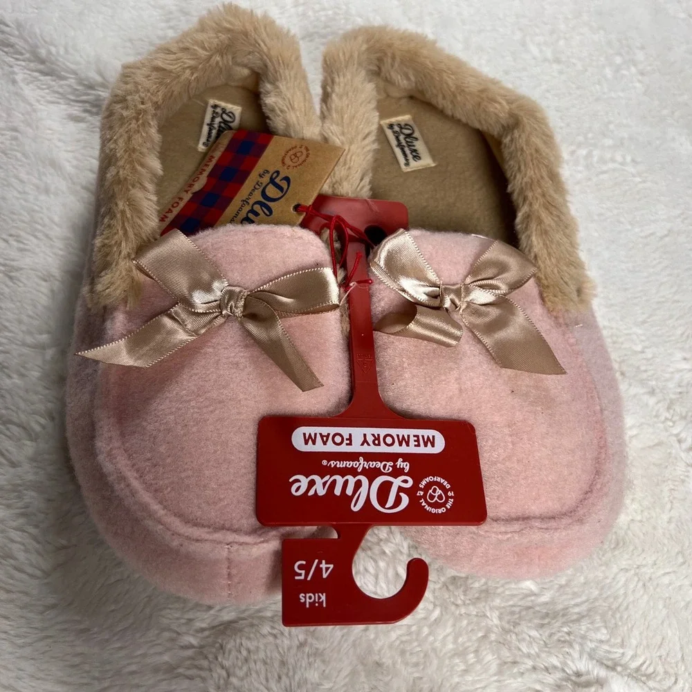 Dluxe by Dearfoams Kids Pink Memory Foam Slippers Bows Size 4‎ 5 NWT